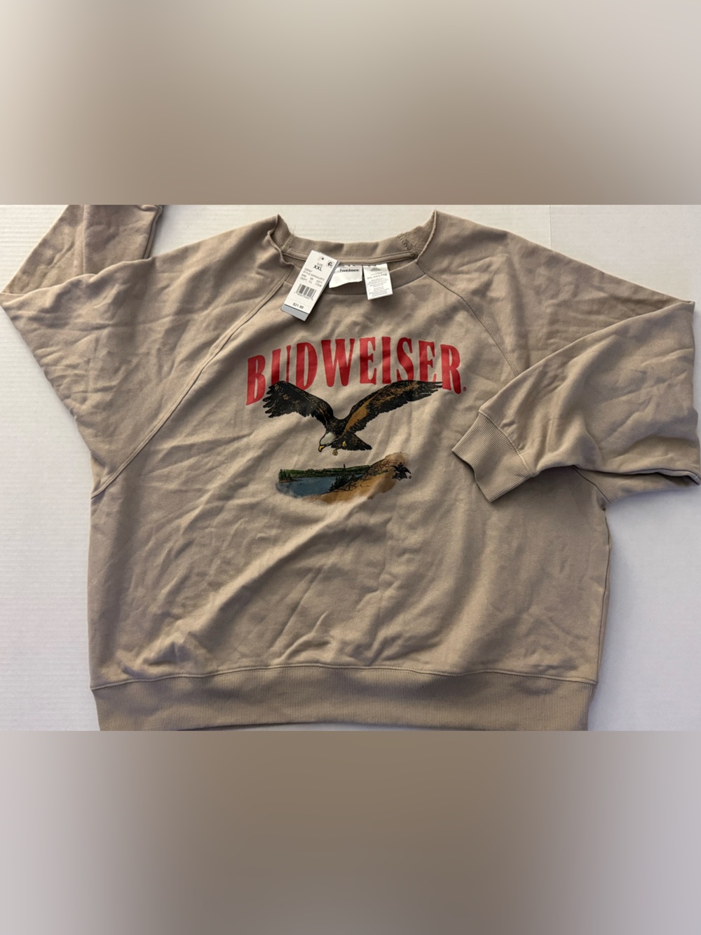Budweiser Tan Crewneck Sweatshirt with Red Logo and Multicolor Duck Graphic